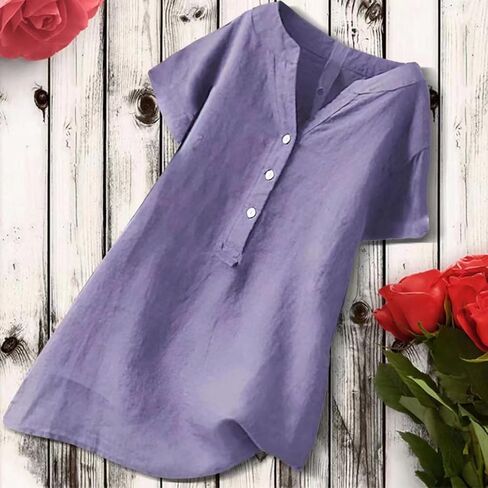 Cotton Linen Tops for Women Loose Fit Short Sleeve Henley Tops Summer Plus Size Casual Shirts Tunic Blouse in Kuwait