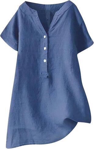 Cotton Linen Tops for Women Loose Fit Short Sleeve Henley Tops Summer Plus Size Casual Shirts Tunic Blouse in Kuwait