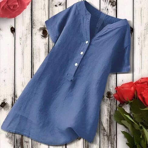 Cotton Linen Tops for Women Loose Fit Short Sleeve Henley Tops Summer Plus Size Casual Shirts Tunic Blouse in Kuwait