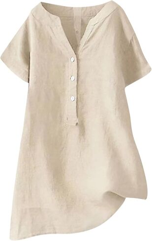 Cotton Linen Tops for Women Loose Fit Short Sleeve Henley Tops Summer Plus Size Casual Shirts Tunic Blouse in Kuwait