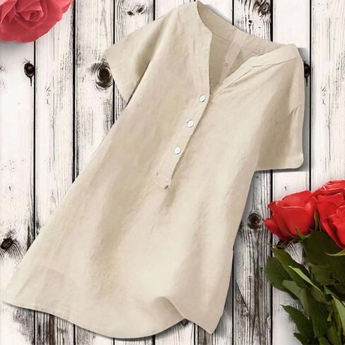 Cotton Linen Tops for Women Loose Fit Short Sleeve Henley Tops Summer Plus Size Casual Shirts Tunic Blouse in Kuwait