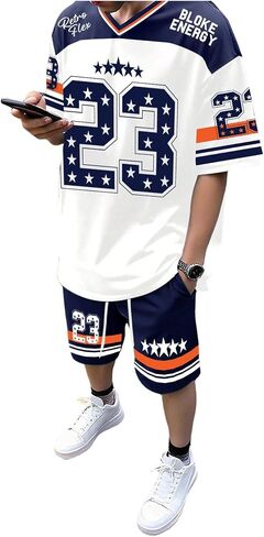 Men's 2 Piece Basketball Athletic Set V Neck Oversized Number Graphic Jersey Shirts and Shorts Gym Clothes in Saudi Arabia
