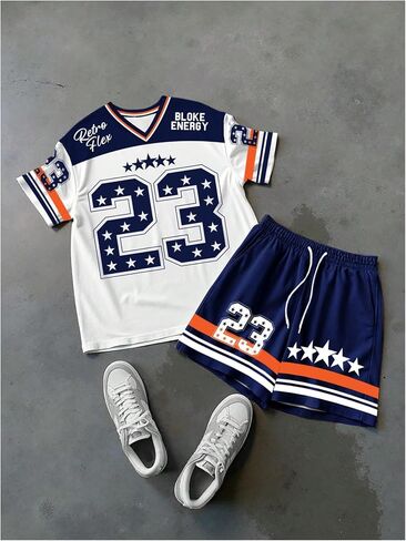 Men's 2 Piece Basketball Athletic Set V Neck Oversized Number Graphic Jersey Shirts and Shorts Gym Clothes in Saudi Arabia