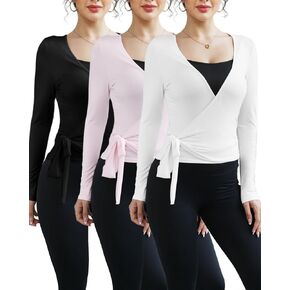 3 Pack Women Ballet Pilates Wrap Tops Y2K Workout Yoga Shirts Dance Long Sleeve Tie Front Crop Tops in Saudi Arabia