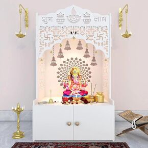 Pooja Mandir الخشبية الإلهية للمنزل مع رف فسيح وضوء تركيز في ثناي جهد - أبيض بوجا ماندير ، 96 سم - معبد للمنزل in Saudi Arabia
