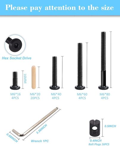 Crib Screws Hardware Replacement Kit - 16 Set Baby Bed Frame Bolts,Barrel Nuts&Wooden Dowel Pins Set - M6x16/40/60/80 mm Hex Drive Socket Cap Screws Nuts for Beds Headboards Chairs Furniture in Kuwait