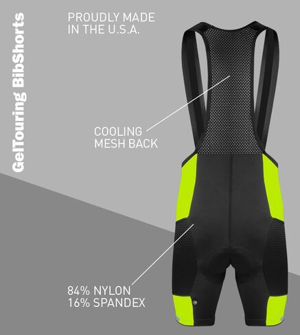 | Men's Gel Touring Padded Cycling Bib-Shorts | Large Mesh Storage Pockets | Made in USA in Saudi Arabia
