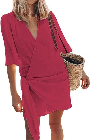 Womens Linen Mini Dress Summer Cross V-Neck Half Sleeve Dresses Casual Lightweight Wrap Tie Waist Bodycon Dresses in Saudi Arabia