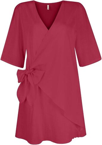 Womens Linen Mini Dress Summer Cross V-Neck Half Sleeve Dresses Casual Lightweight Wrap Tie Waist Bodycon Dresses in Saudi Arabia
