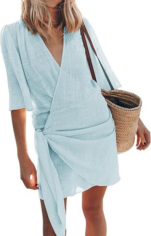 Womens Linen Mini Dress Summer Cross V-Neck Half Sleeve Dresses Casual Lightweight Wrap Tie Waist Bodycon Dresses in Saudi Arabia
