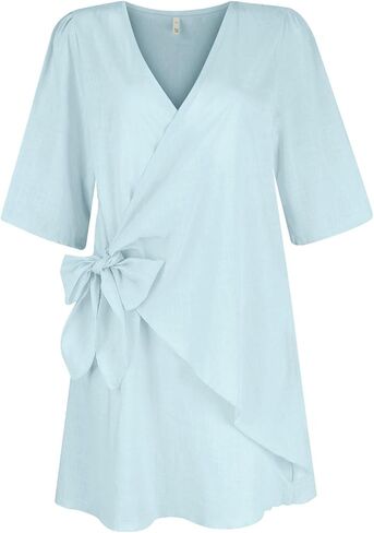Womens Linen Mini Dress Summer Cross V-Neck Half Sleeve Dresses Casual Lightweight Wrap Tie Waist Bodycon Dresses in Saudi Arabia