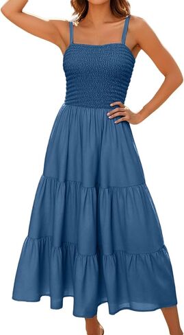 Sundresses for Women 2025 Summer Casual Sleeveless Boho Maxi Dress Spaghetti Strap Smocked Tiered Long Beach Dress in Kuwait