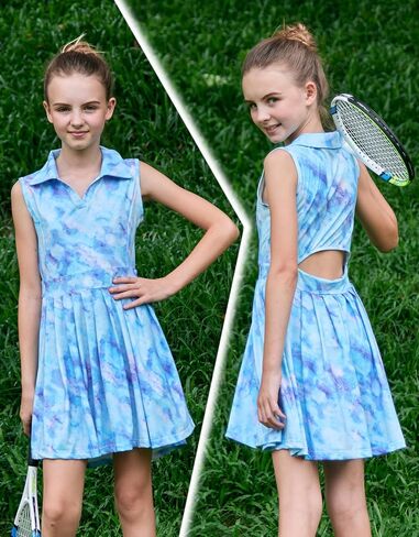 JiAmy Girls Tennis Dress Sleeveless Polo V Neck Athletic Dress Cutout Back Printed Pleated Girls Golf Dresses 3-12 Y in Saudi Arabia
