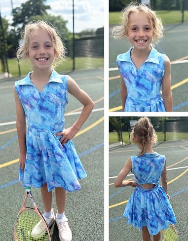JiAmy Girls Tennis Dress Sleeveless Polo V Neck Athletic Dress Cutout Back Printed Pleated Girls Golf Dresses 3-12 Y in Saudi Arabia