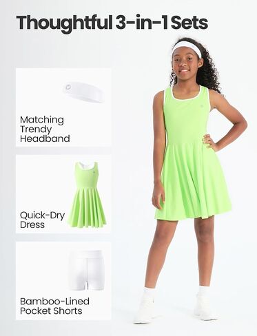 PATPAT Girls Tennis Dress Set, Athletic Dress with Headband & Bamboo Viscose Shorts with Pocket, Outfit for Golf Dance School in Kuwait