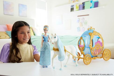 Mattel Disney Princess Cinderella’s Rolling Carriage with Gold Details & White Horse with Brushable Mane & Tail, Inspired Disney Movie in Saudi Arabia