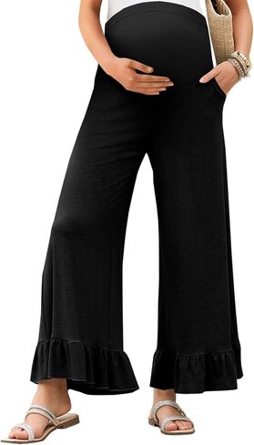 Yousify Womens Maternity Pants Ruffle Lounge Pregnancy Wide Leg Trousers | Soft, Ruffle Flowy Lounge, Palazzo, Pregnancy Wide Leg Trousers in Saudi Arabia