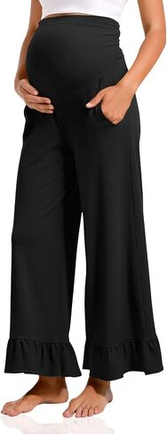 Yousify Womens Maternity Pants Ruffle Lounge Pregnancy Wide Leg Trousers | Soft, Ruffle Flowy Lounge, Palazzo, Pregnancy Wide Leg Trousers in Saudi Arabia