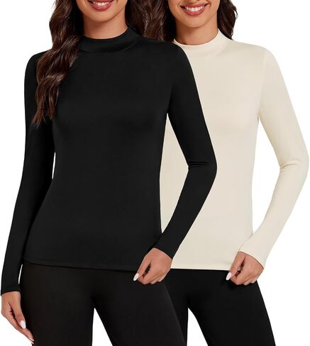 Tournesol Women's 2 Pack Long Sleeve Thermal Tops Mock Neck Underwear Top Cold Weather Warm Fleece Lined Undershirt in Kuwait