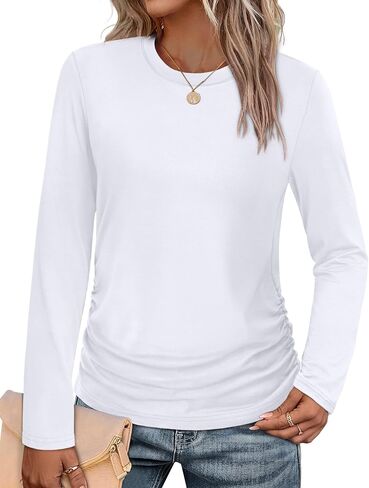 قمصان الأكمام الطويلة Sampeel للنساء Ruched Fall Tops Crew Neck T Shirts Fashion Clothing 2025 in Saudi Arabia