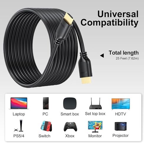 كابل HDMI بطول 15 قدم، 4K 15 قدم كابل HDMI إلى HDMI داخل الحائط CL3 مُصنف عالي السرعة HDMI 2.0 سلك (4K@60 هرتز، 2K 1440P، ثلاثي الأبعاد، HDCP2.2، ARC، إيثرنت) متوافق مع الشاشة، وجهاز العرض، HDTV، والكمبيوتر المحمول، الكمبيوتر in Kuwait