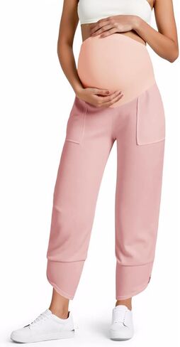 Yousify Womens Maternity Pants Casual Wide Leg Stretchy Ribbed Palazzo Pregnancy Trousers with Pockets in Kuwait