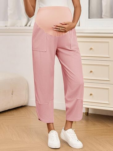 Yousify Womens Maternity Pants Casual Wide Leg Stretchy Ribbed Palazzo Pregnancy Trousers with Pockets in Kuwait