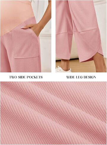 Yousify Womens Maternity Pants Casual Wide Leg Stretchy Ribbed Palazzo Pregnancy Trousers with Pockets in Kuwait