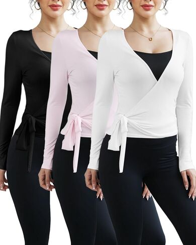 3 Pack Women Ballet Pilates Wrap Tops Y2K Workout Yoga Shirts Dance Long Sleeve Tie Front Crop Tops in Saudi Arabia