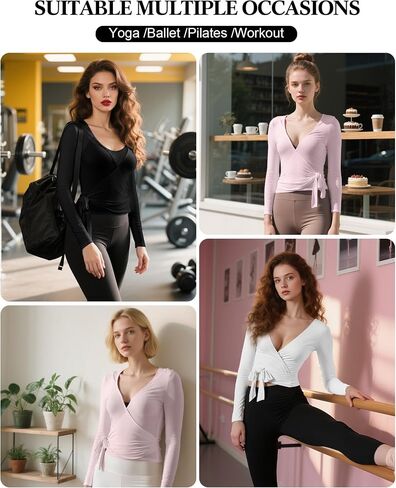 3 Pack Women Ballet Pilates Wrap Tops Y2K Workout Yoga Shirts Dance Long Sleeve Tie Front Crop Tops in Saudi Arabia