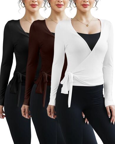 3 Pack Women Ballet Pilates Wrap Tops Y2K Workout Yoga Shirts Dance Long Sleeve Tie Front Crop Tops in Kuwait