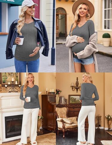 Ekouaer Womens Maternity Shirts Long Sleeve 3 Packs V-Neck Pregnancy Tops | Soft Material, Casual Side Ruched Postpartum Blouse, Dressy Workout Mama Tunic, Office, Vacation, Going Out, Fall, Winter in Saudi Arabia