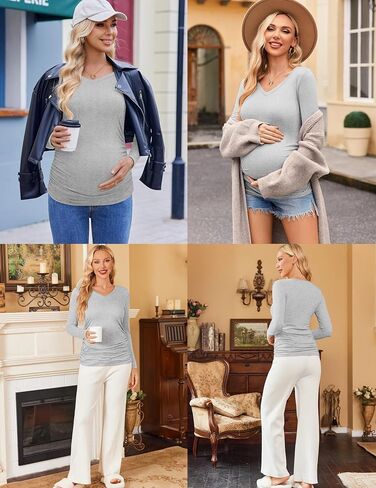 Ekouaer Womens Maternity Shirts Long Sleeve 3 Packs V-Neck Pregnancy Tops | Soft Material, Casual Side Ruched Postpartum Blouse, Dressy Workout Mama Tunic, Office, Vacation, Going Out, Fall, Winter in Saudi Arabia