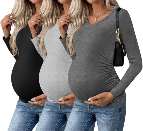 Ekouaer Womens Maternity Shirts Long Sleeve 3 Packs V-Neck Pregnancy Tops | Soft Material, Casual Side Ruched Postpartum Blouse, Dressy Workout Mama Tunic, Office, Vacation, Going Out, Fall, Winter in Saudi Arabia