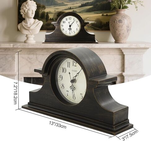 OCEST Vintage Farmhouse Mantel Clock - 13 x 7 Inch Quartz Gilt Finish Battery Operated, Contemporary Napoleon Classic Desk & Shelf Décor for Living Room Office Tabletop Bedside (Walnut Brown) in Kuwait