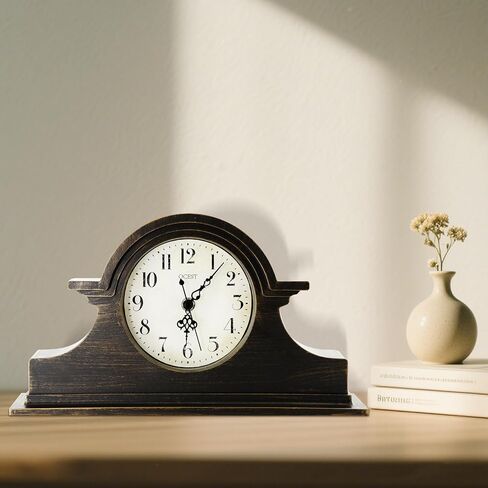 OCEST Vintage Farmhouse Mantel Clock - 13 x 7 Inch Quartz Gilt Finish Battery Operated, Contemporary Napoleon Classic Desk & Shelf Décor for Living Room Office Tabletop Bedside (Walnut Brown) in Kuwait