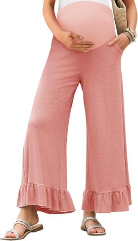 Yousify Womens Maternity Pants Soft Ruffle Flowy Lounge Palazzo Pants Pregnancy Wide Leg Trousers in Saudi Arabia