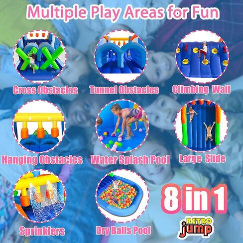 RETRO JUMP Inflatable Bounce House,6 in 1 Bouncy Castle for Children with Large Bouncy Area,Kids Bouncy Castle with Slide-Carry Bag,Repair Patch,Stakes,Eletric Air Pump Included in Kuwait