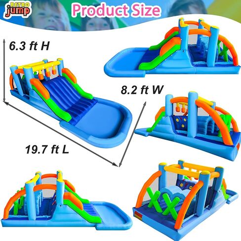 RETRO JUMP Inflatable Bounce House,6 in 1 Bouncy Castle for Children with Large Bouncy Area,Kids Bouncy Castle with Slide-Carry Bag,Repair Patch,Stakes,Eletric Air Pump Included in Kuwait