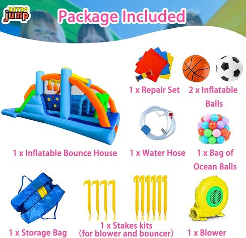 RETRO JUMP Inflatable Bounce House,6 in 1 Bouncy Castle for Children with Large Bouncy Area,Kids Bouncy Castle with Slide-Carry Bag,Repair Patch,Stakes,Eletric Air Pump Included in Kuwait