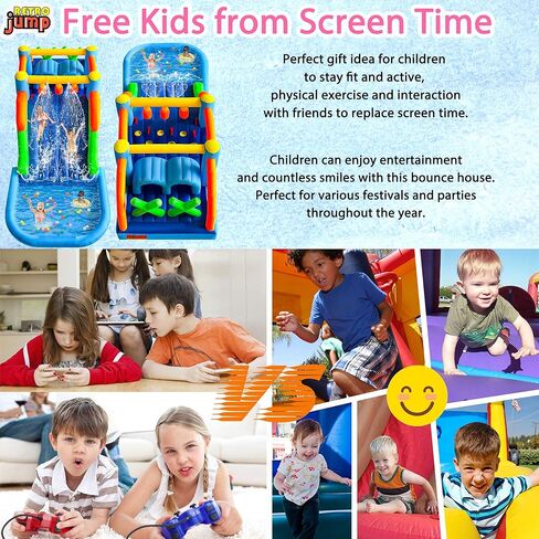 RETRO JUMP Inflatable Bounce House,6 in 1 Bouncy Castle for Children with Large Bouncy Area,Kids Bouncy Castle with Slide-Carry Bag,Repair Patch,Stakes,Eletric Air Pump Included in Kuwait