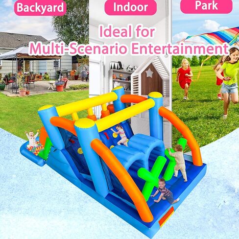 RETRO JUMP Inflatable Bounce House,6 in 1 Bouncy Castle for Children with Large Bouncy Area,Kids Bouncy Castle with Slide-Carry Bag,Repair Patch,Stakes,Eletric Air Pump Included in Kuwait