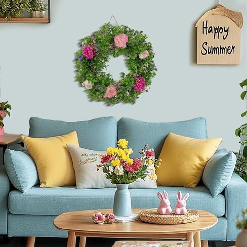 Summer Wreaths for Front Door - 18 Inch Artificial Greenery Wreath, Spring Floral Door Hanging with Textured Leaves, All-Weather Porch Decor for Farmhouse Entryway in Saudi Arabia