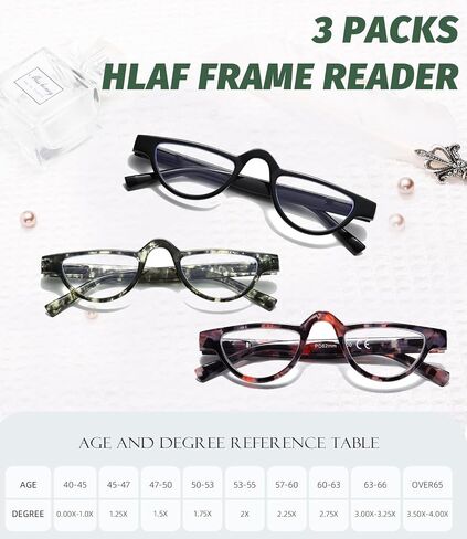 Hubeye 3 Pairs Plastic Retro Half Moon Frame Reading Glasses Lightweight Spring Hinge Women and Men Reader +2.0 in Kuwait