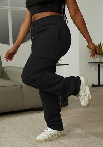 Women's Cargo Sweatpants Stacked Pants High Waisted Fleece Casual Workout Joggers Trousers Black in Saudi Arabia