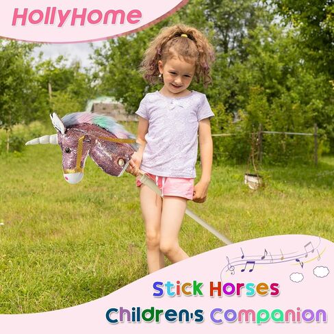 HollyHOME القطيفة يونيكورن عصا الحصان مع عجلات خشبية المهر الحقيقي الصهيل والأصوات الراكضة لعبة يونيكورن القطيفة الأرجواني 37 بوصة (بطاريات AA مطلوبة) in Kuwait
