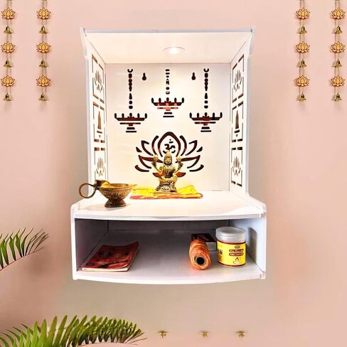 معبد حائط خشبي حديث للمنزل ، المكتب ، غرفة المعيشة | أبيض بوجا ماندير مع LED Light & Storage Shelf | معبد خشبي 15.8 "ارتفاع | معبد ديي للمنزل من الهند in Saudi Arabia