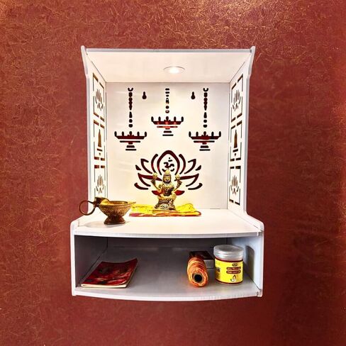 معبد حائط خشبي حديث للمنزل ، المكتب ، غرفة المعيشة | أبيض بوجا ماندير مع LED Light & Storage Shelf | معبد خشبي 15.8 "ارتفاع | معبد ديي للمنزل من الهند in Saudi Arabia