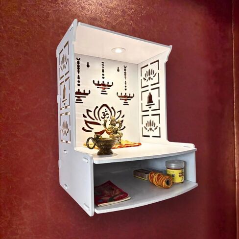 معبد حائط خشبي حديث للمنزل ، المكتب ، غرفة المعيشة | أبيض بوجا ماندير مع LED Light & Storage Shelf | معبد خشبي 15.8 "ارتفاع | معبد ديي للمنزل من الهند in Saudi Arabia