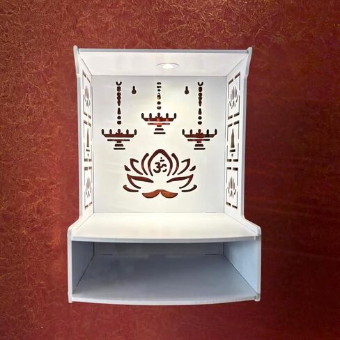 معبد حائط خشبي حديث للمنزل ، المكتب ، غرفة المعيشة | أبيض بوجا ماندير مع LED Light & Storage Shelf | معبد خشبي 15.8 "ارتفاع | معبد ديي للمنزل من الهند in Saudi Arabia